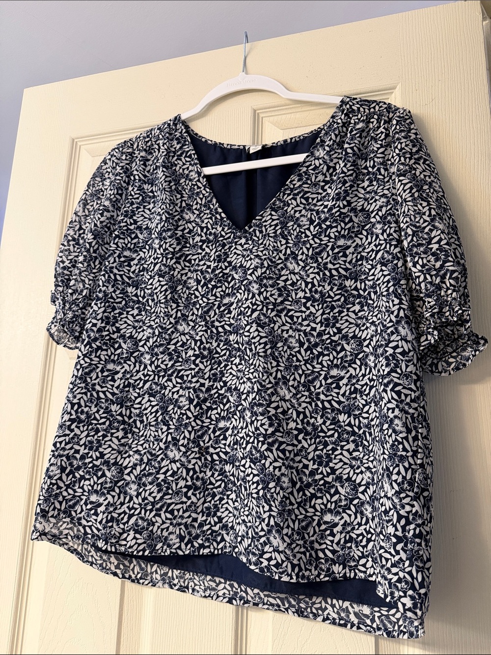 J. Crew V-Neck Navy Floral Puff-Sleeve Women's Top